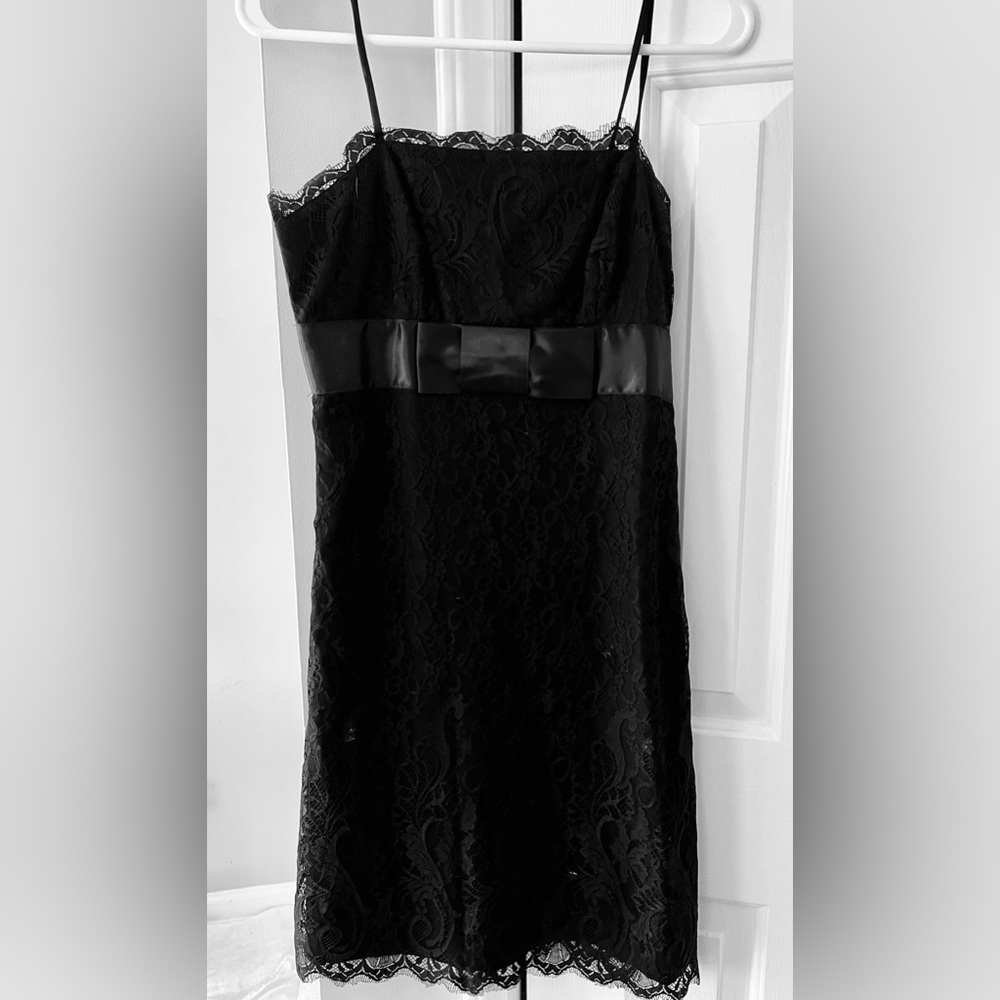 INC black dress midi Satin Bow in front lace overlay 4P (fits like a 2)